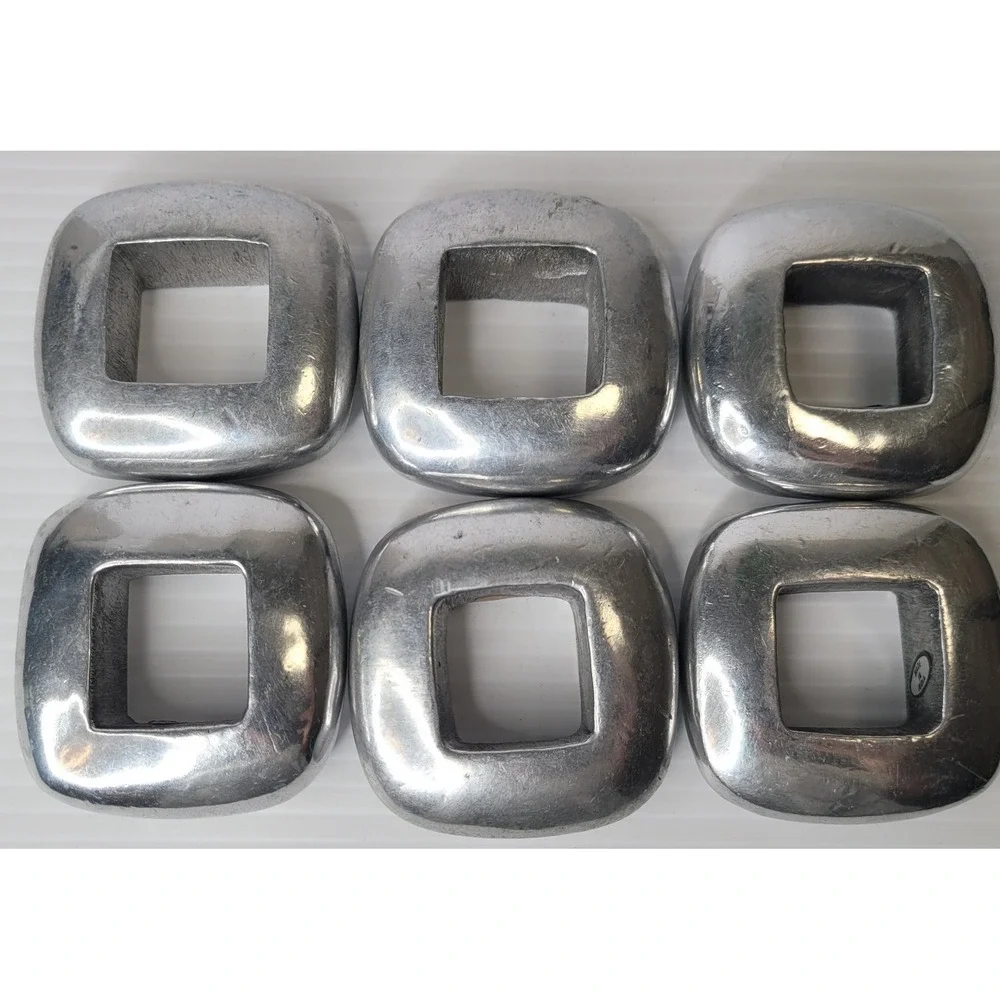 6 Pottery Barn‎ Silver Metal Square Industrial Napkin Rings Heavy Brutalist